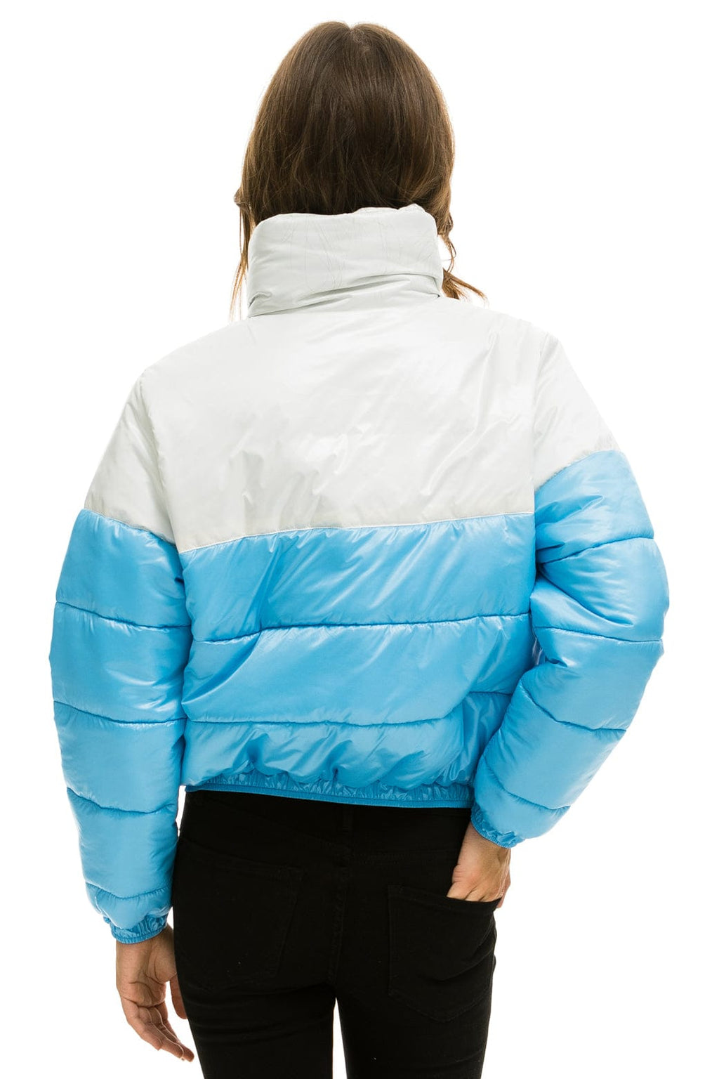 Retro COLOR BLOCK HALF AND HALF APRES PUFFER JACKET - WHITE GLOSSY