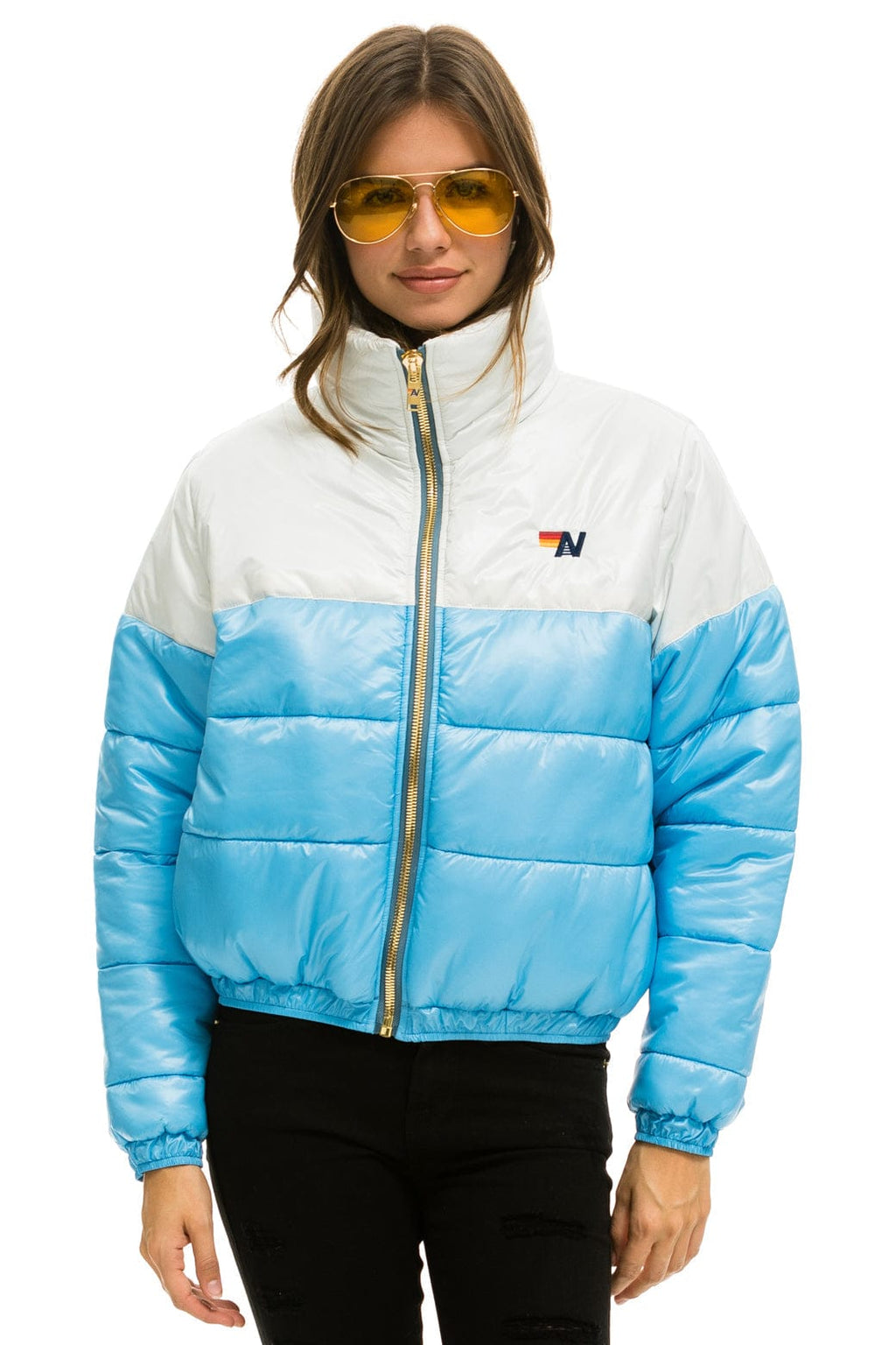 Retro COLOR BLOCK HALF AND HALF APRES PUFFER JACKET - WHITE GLOSSY