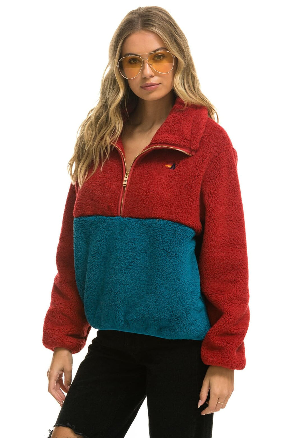 Retro TEDDY APRES HALF ZIP COLOR BLOCK JACKET - CHERRY