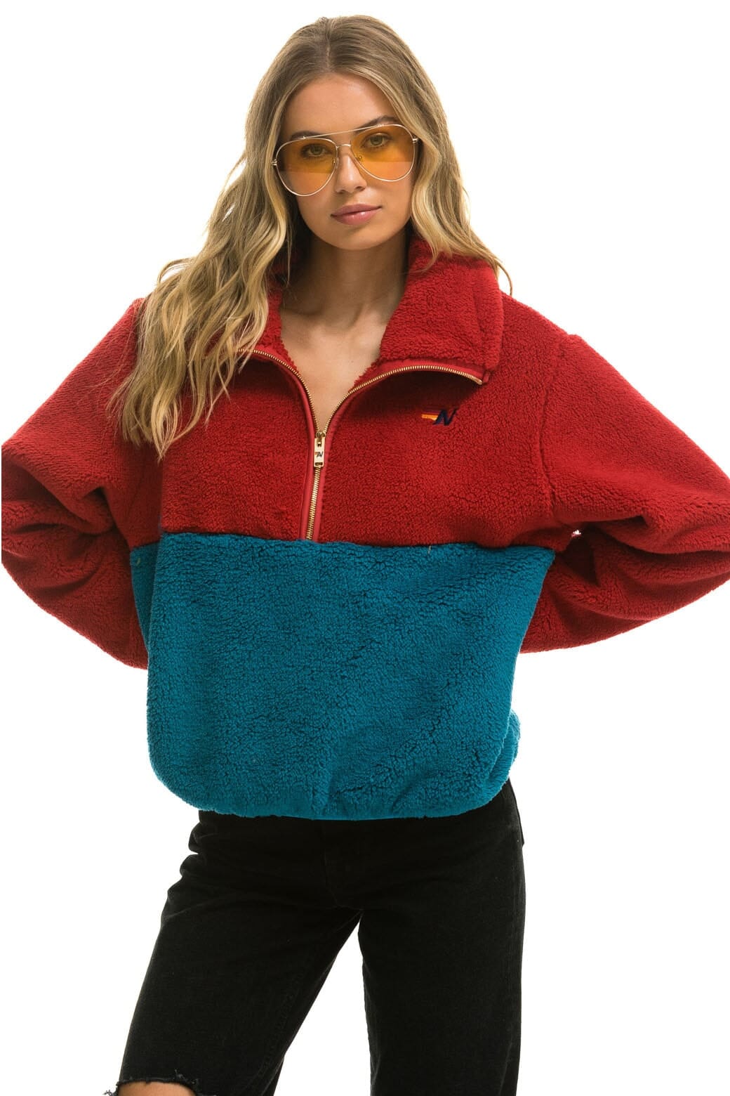 Retro TEDDY APRES HALF ZIP COLOR BLOCK JACKET - CHERRY